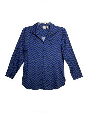 Chico’s Cobalt Blue Black Geometric Print Button Front Blouse Size 1 Medium US 8